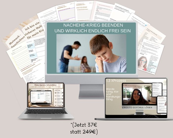 Mockup des Kurses Endlich Frieden mit Workbooks, Laptop und Desktop-Monitor in kleinerer Auflösung