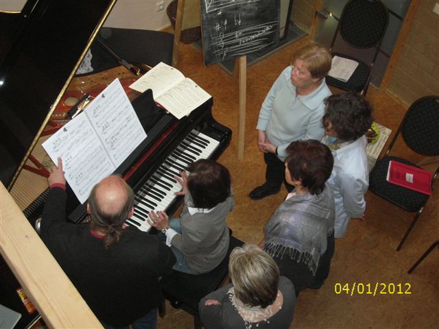 Schnupperkurs Gruppe mit Schülern um Klavier herum von oben