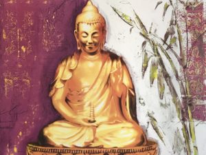 Endlich Migränefrei – Online-Coaching gegen Migräne von Anke Schneider 11 Goldene Buddha-Statue auf violettem Hintergrund mit grünen Blättern