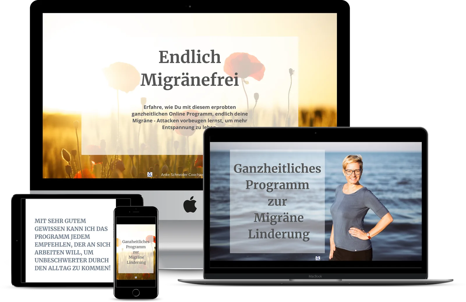 Endlich Migränefrei – Online-Coaching gegen Migräne von Anke Schneider 12 Mockup des Online-Programms Endlich Migränefrei auf Desktop, Tablet und Smartphone