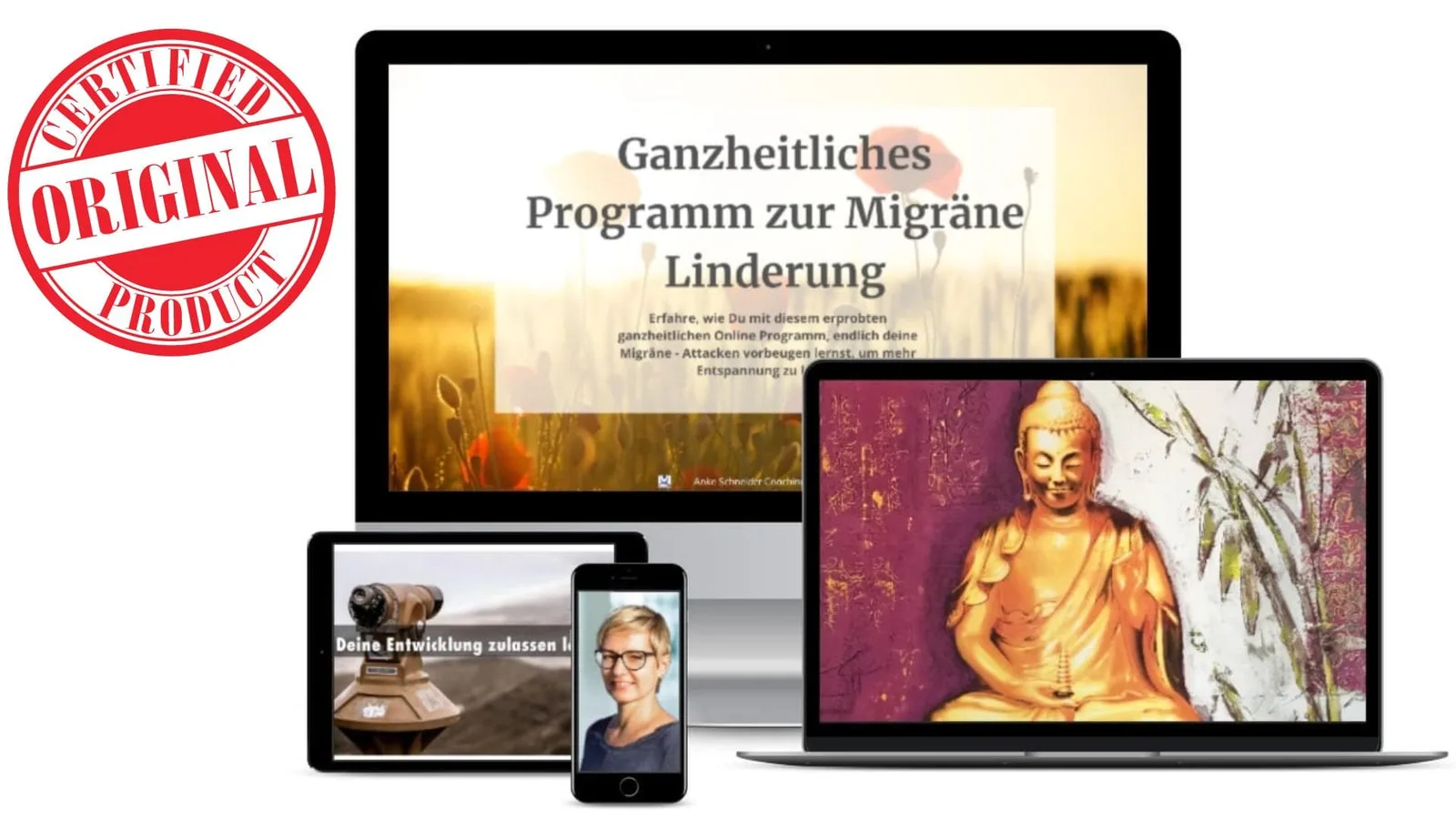 Endlich Migränefrei – Online-Coaching gegen Migräne von Anke Schneider 7 Hero-Bild Migräneprävention mit Getreidefeld, Programm-Titel und Geräte-Mockups