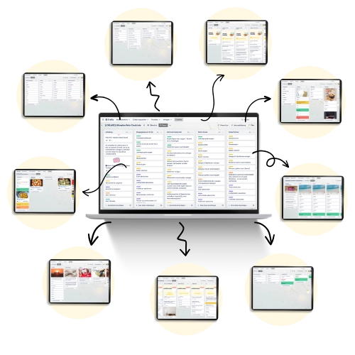 Mockup: Zentral Laptop mit Trello-Board, umgeben von 9 Tablet- und Smartphone-Screenshots
