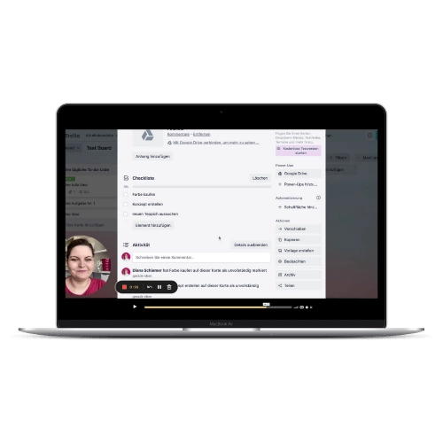 Laptop-Mockup zeigt Trello-Kurs mit Video-Anleitung und Checklisten