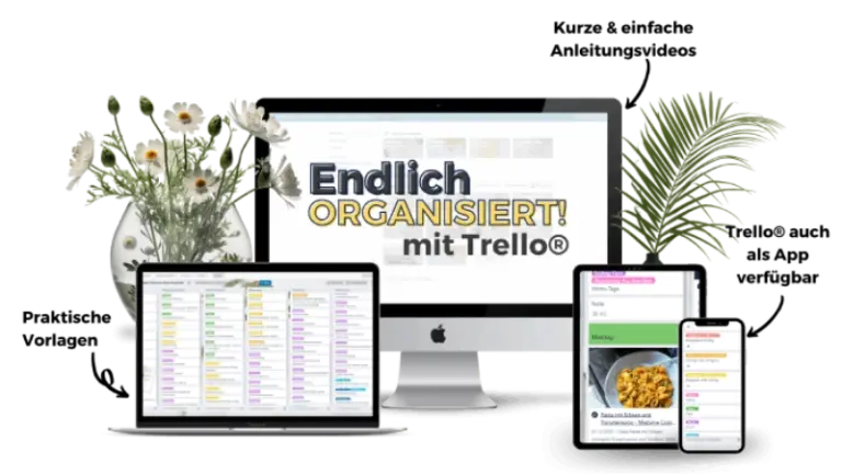 Mockup des Trello-Kurses mit Desktop, Laptop und mobilen Geräten, Blumendekoration
