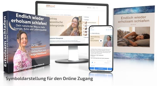 Mockup mit 3D-Darstellung von Kursmodulen, Website und Mobile-Version des Schlaf-Kurses