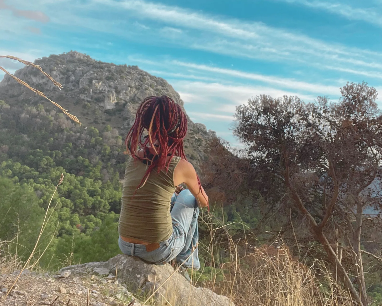 Frau mit roten Dreadlocks sitzt auf Felsen und blickt auf Berg und Bäume