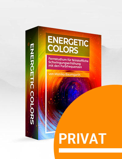 Energetic Colors – Farbenergie-Videokurs von Monika Baumgarth 2 Energetic Colors Produktbox mit Farbverlauf von Orange zu Violett und energetischer Sphärengrafik, orange PRIVAT-Badge