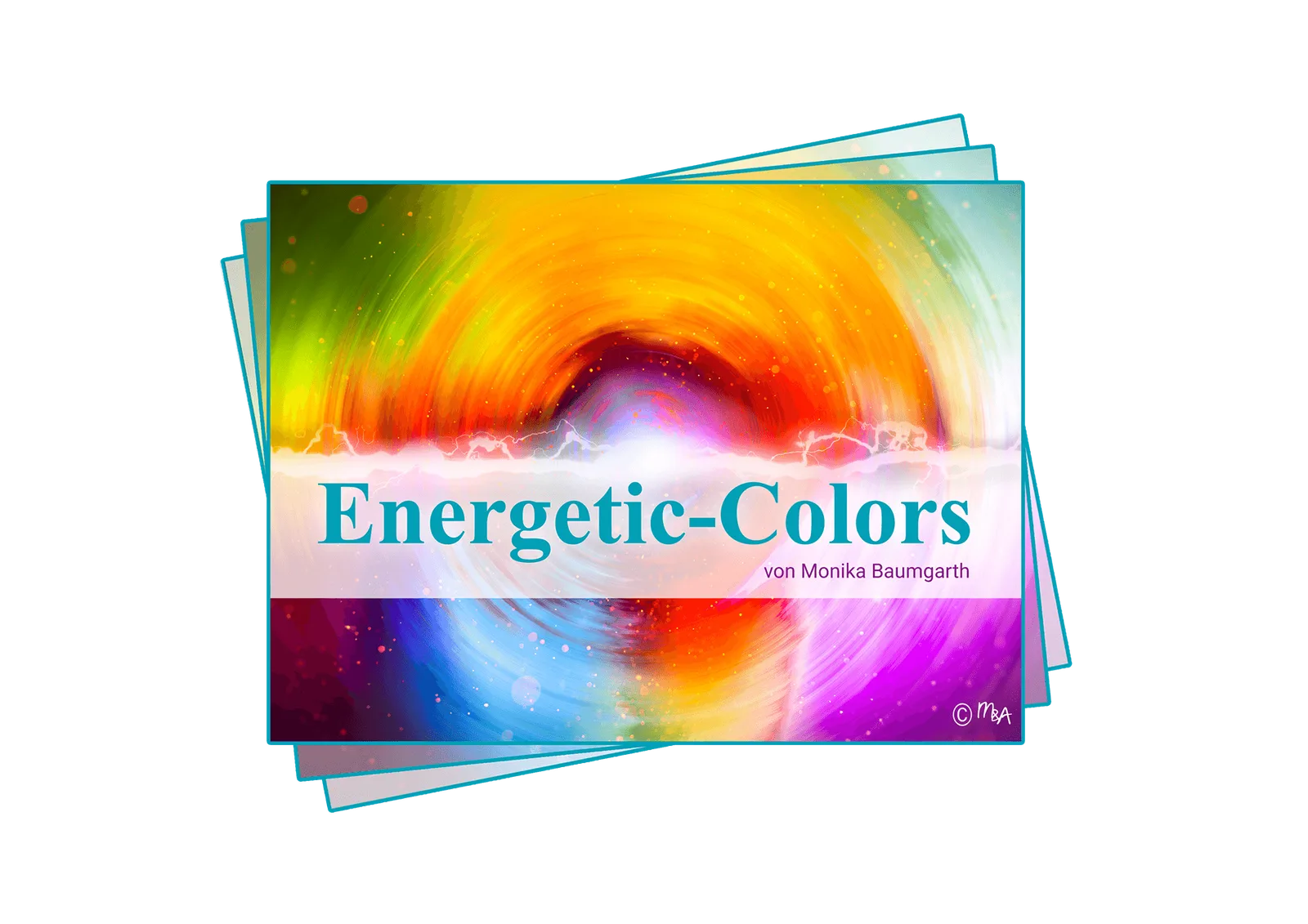 Energetic Colors – Farbenergie-Videokurs von Monika Baumgarth 1 Energetic Colors Kartenset mit Regenbogen-Vorderseite und blauem Rahmen