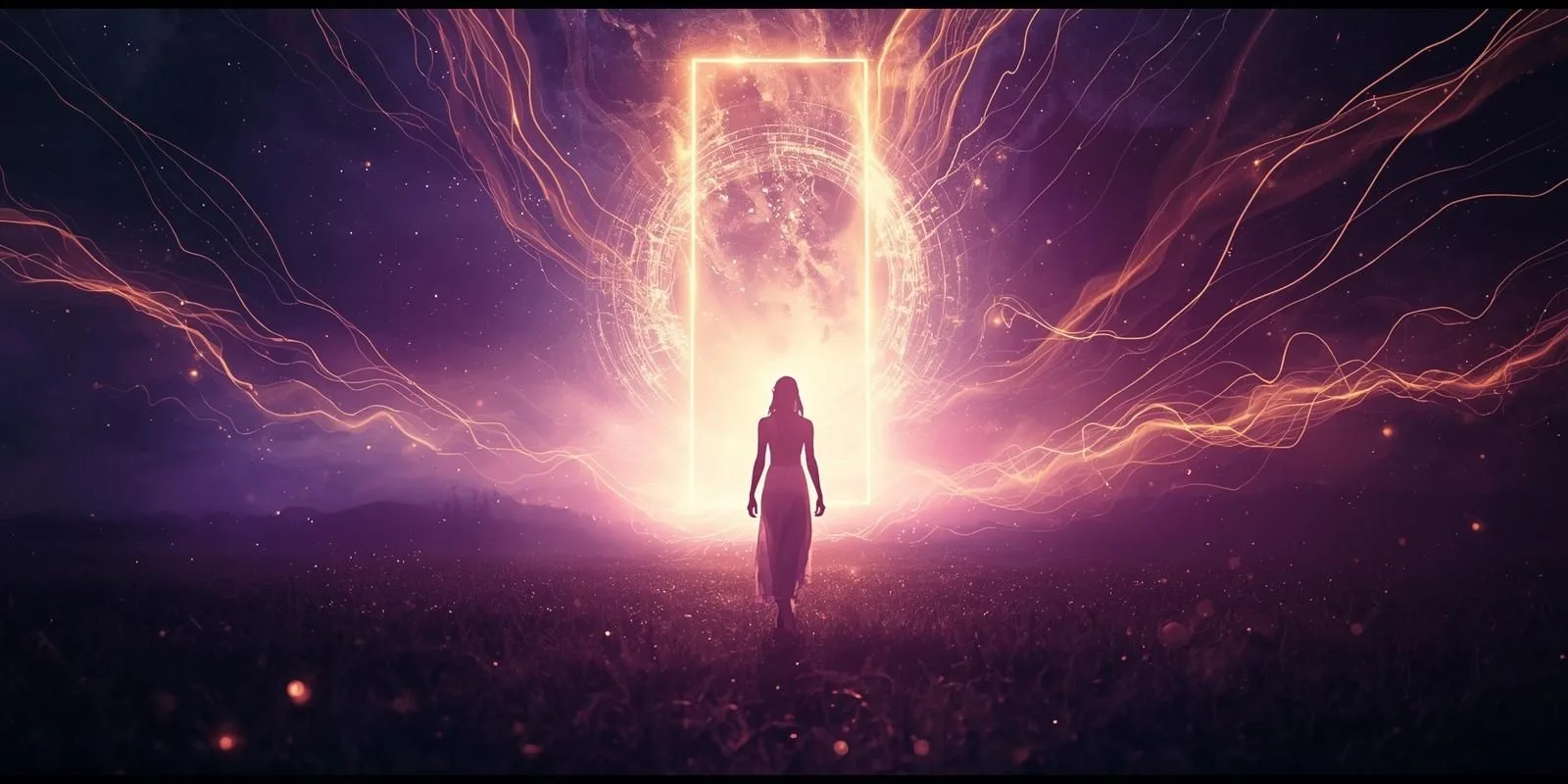 Energetic Colors – Farbenergie-Videokurs von Monika Baumgarth 3 Frau vor leuchtend violettem Portal mit Energie-Effekten