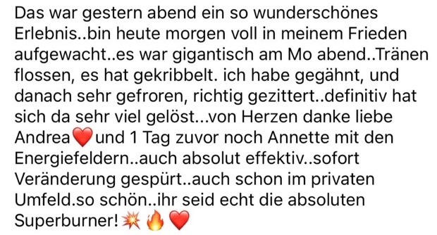 Kundenstimme über wundervolles Erlebnis, emotionale Freude und Heilung durch Andrea