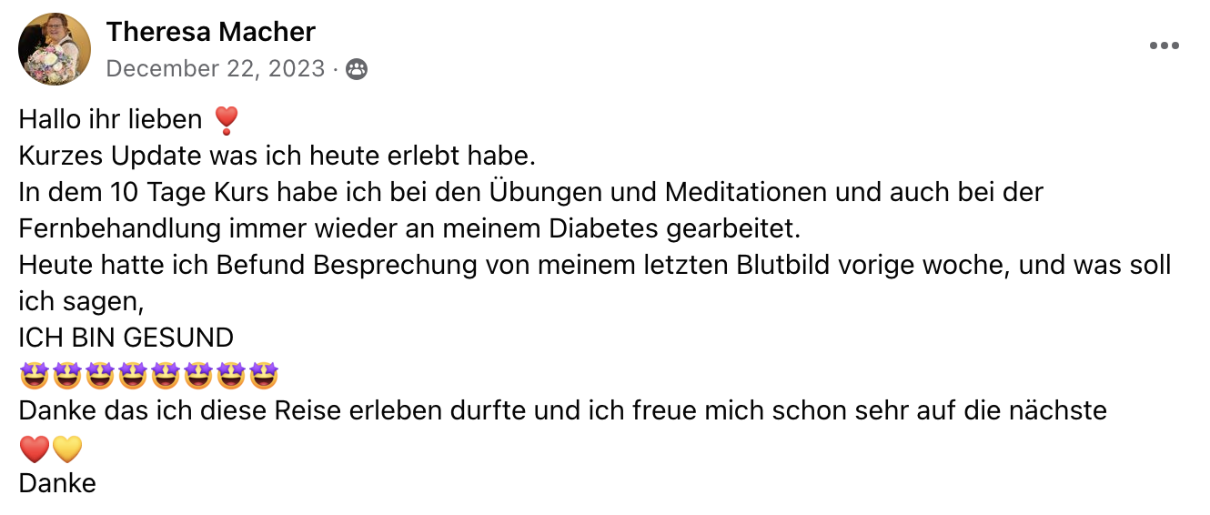 LinkedIn-Testimonial von Theresa Macher über 10-Tage-Kurs mit Diabetes-Verbesserung und Heilung