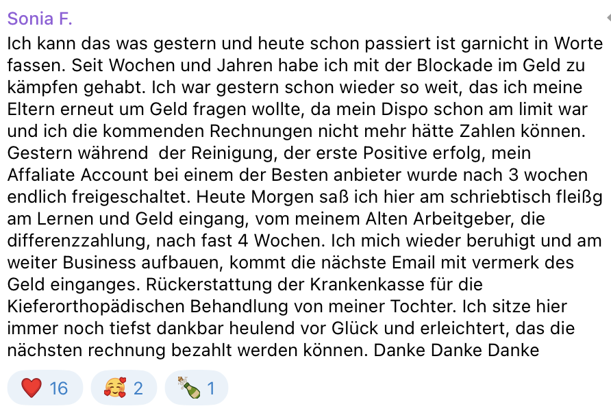 Testimonial von Sonia F. über Heilmagie-Intensivkurs: Blockade im Geld gelöst