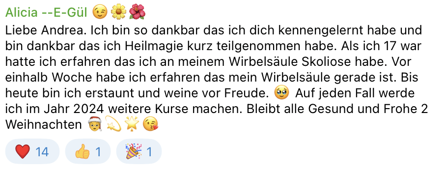 Testimonial von Alicia über Heilmagie-Intensivkurs: Wirbelsäule geheilt