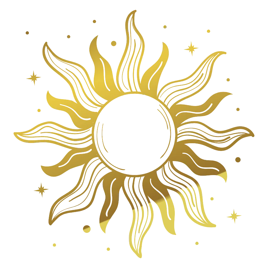 Stilisierte goldene Sonne mit Strahlen und Sternen, dekoratives Energie-Symbol
