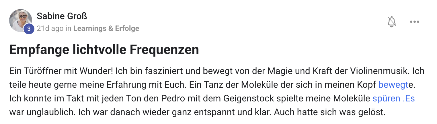 Kundenstimme von Sabine Groß über intensive Frequenzenergie-Erfahrung mit Andrea Randt