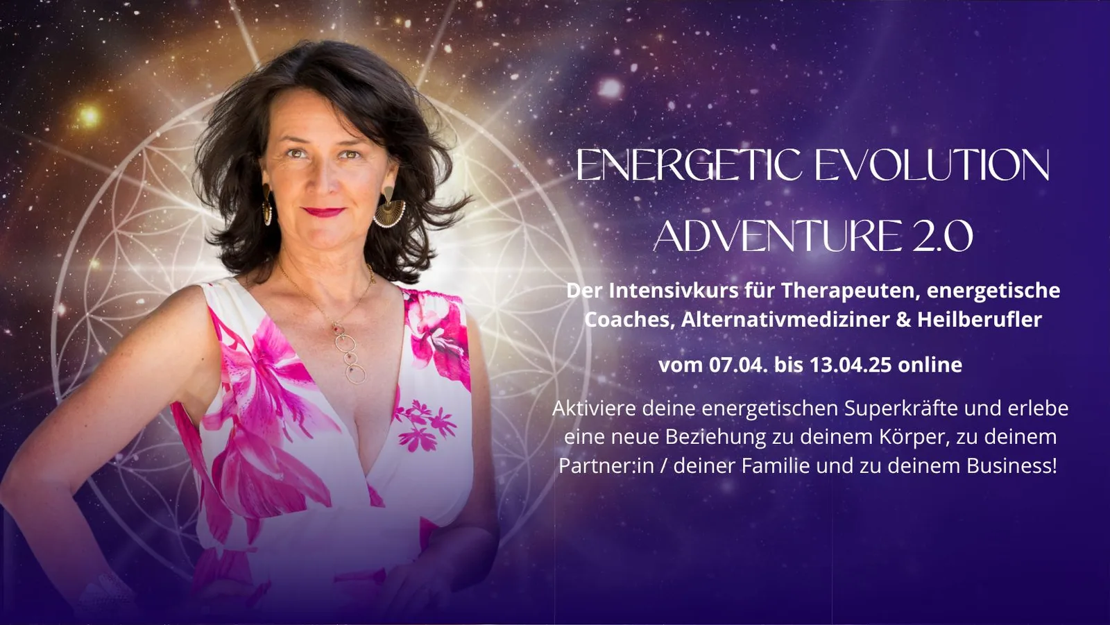 Energetic Evolution Adventure 2.0 Kursbanner mit Andrea Randt vor mystischem Hintergrund mit Energiemuster