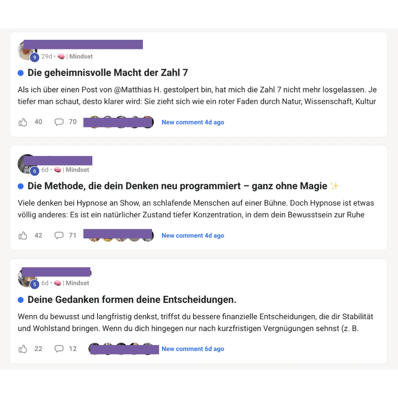 Energetische Heilung Community von Julia Gössler 5 Screenshot einer Mindset-Community mit drei Beiträgen zu Erfolgsthemen wie der Zahl 7, Hypnose und Gedankenformung