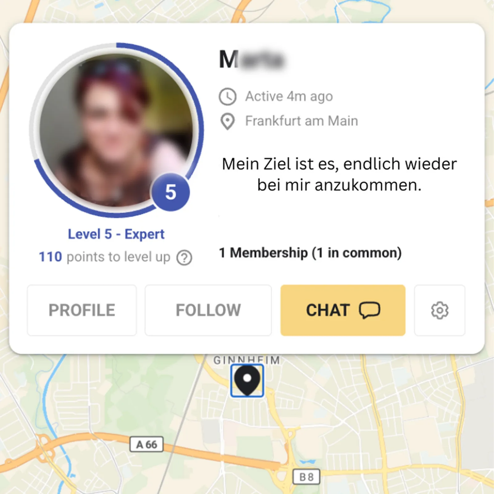 Energetische Heilung Community von Julia Gössler 10 Benutzer-Profil-Popup mit Foto, Level-Anzeige, Aktivitätsstatus und Aktionsbuttons