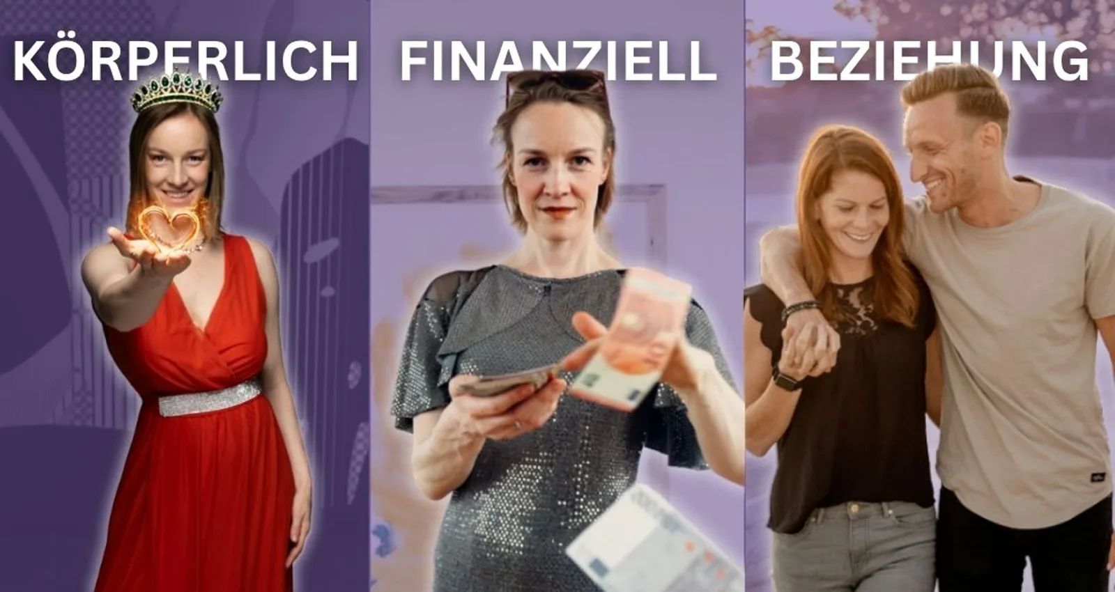 Energetische Heilung Community von Julia Gössler 13 Drei Frauen zeigen Kategorien: Körperlich, Finanziell, Beziehung auf violettem Hintergrund