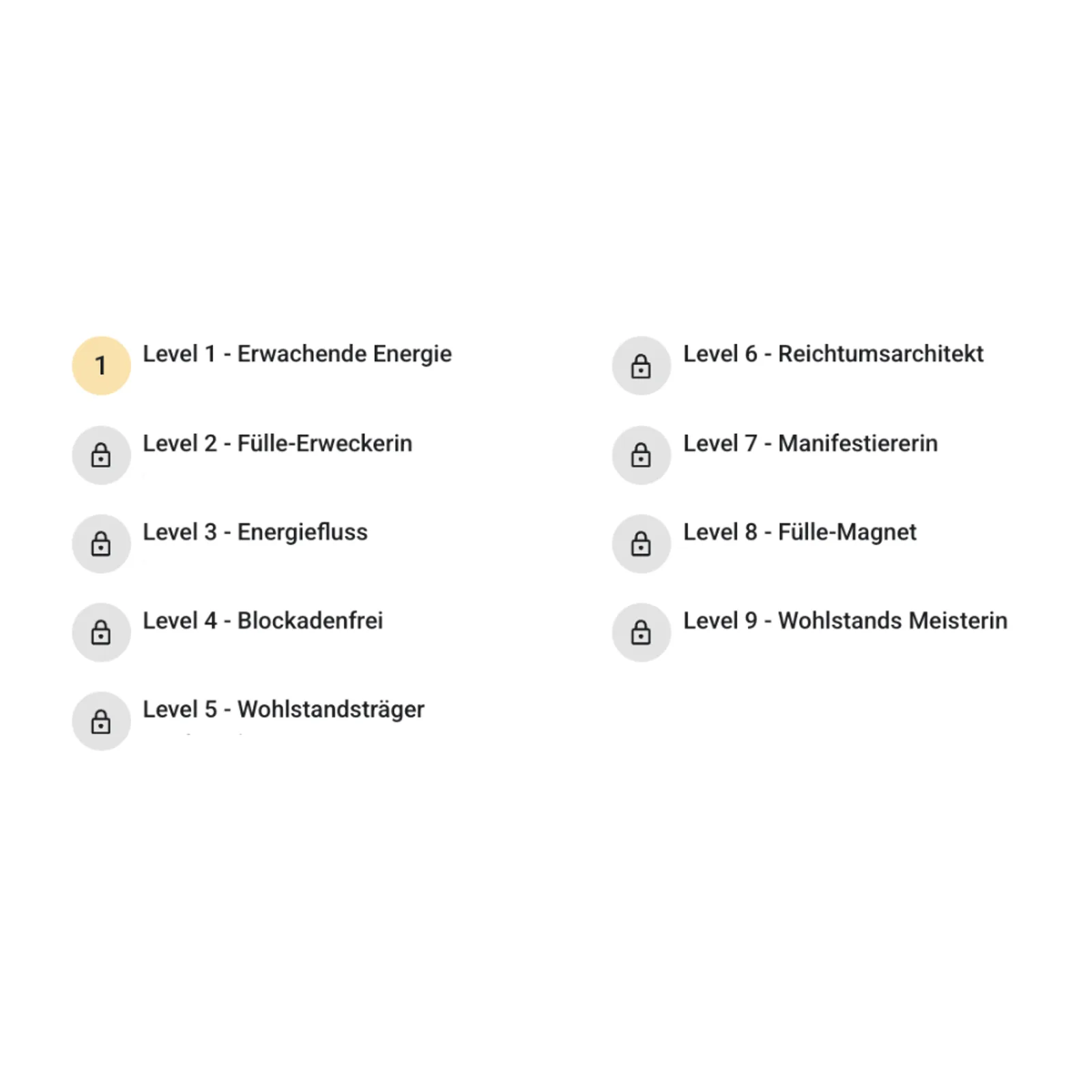 Energetische Heilung Community von Julia Gössler 1 Levelübersicht eines Online-Kurses mit 9 aufgestuften Stufen von Level 1 bis Level 9, letzte Stufe teilweise gesperrt