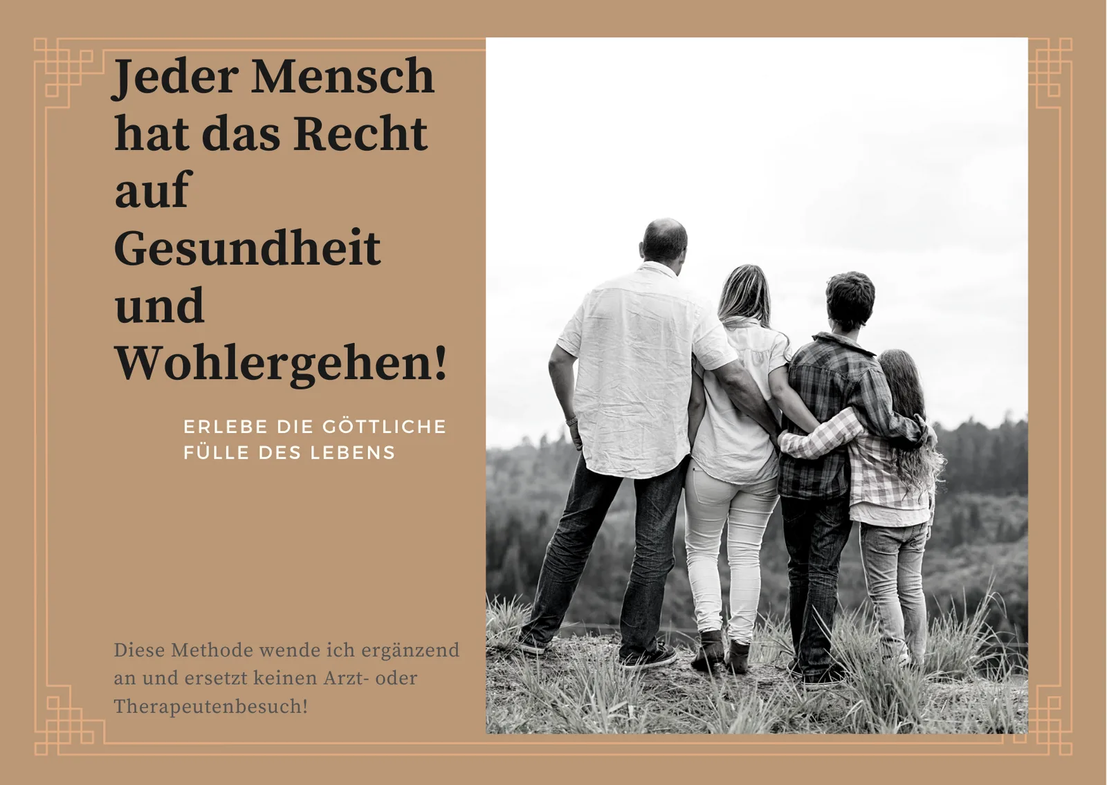 Familie mit vier Personen von hinten in Natur, Claim zur Gesundheit und zum Wohlergehen