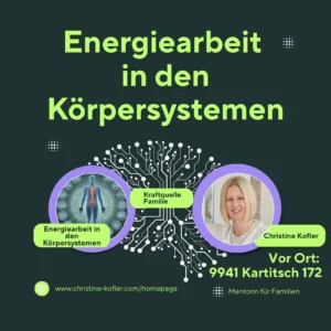 Grafik mit Text Energiearbeit in den Körpersystemen, Christine Kofler, Adresse Kartitsch