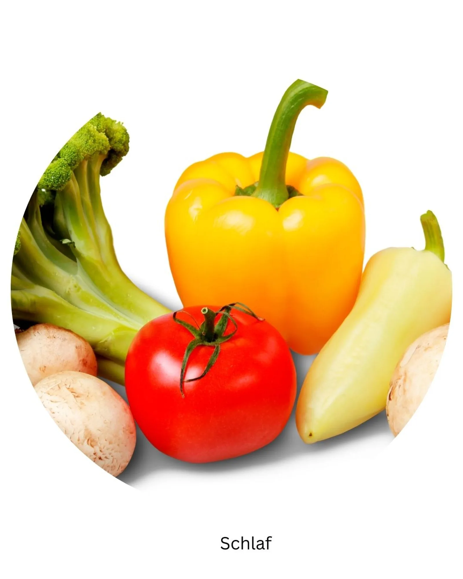 Illustration von Gemüse und Obst: Brokkoli, Tomate, gelbe Paprika, Avocado, Pilze auf weißem Hintergrund