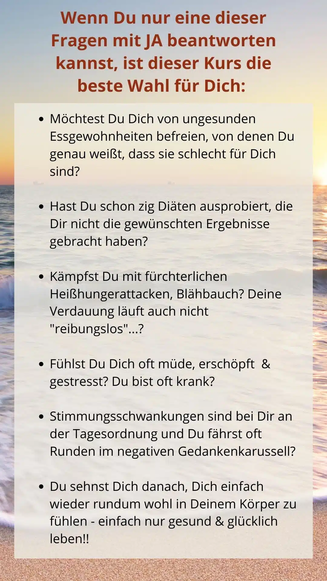 Quiz-Text auf Strand-Hintergrund zu ungesunden Essgewohnheiten, Diäten und Verdauungsproblemen