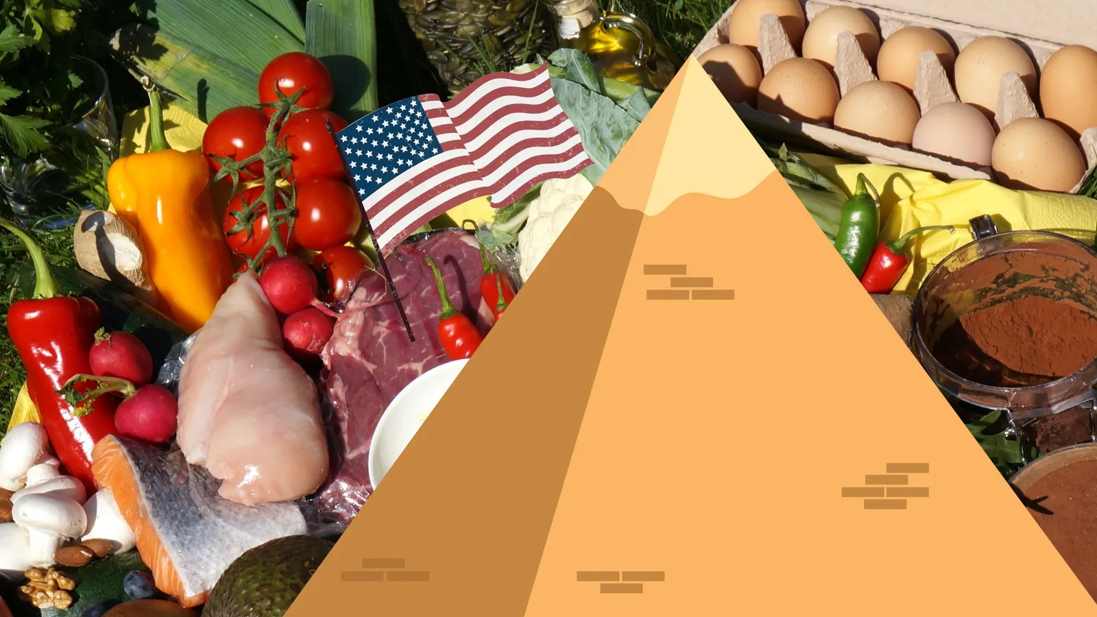 Food Pyramid 2026 USA mit Gemüse, Fleisch, Eiern, Öl und US-Flagge auf grünem Hintergrund