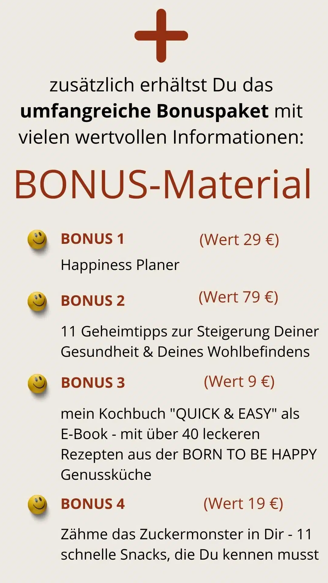 Galerie-Slide mit Bonus-Paketen, 4 Bonusse mit Happiness Planner, Geheimtipps, Kochbuch, Zuckertipps