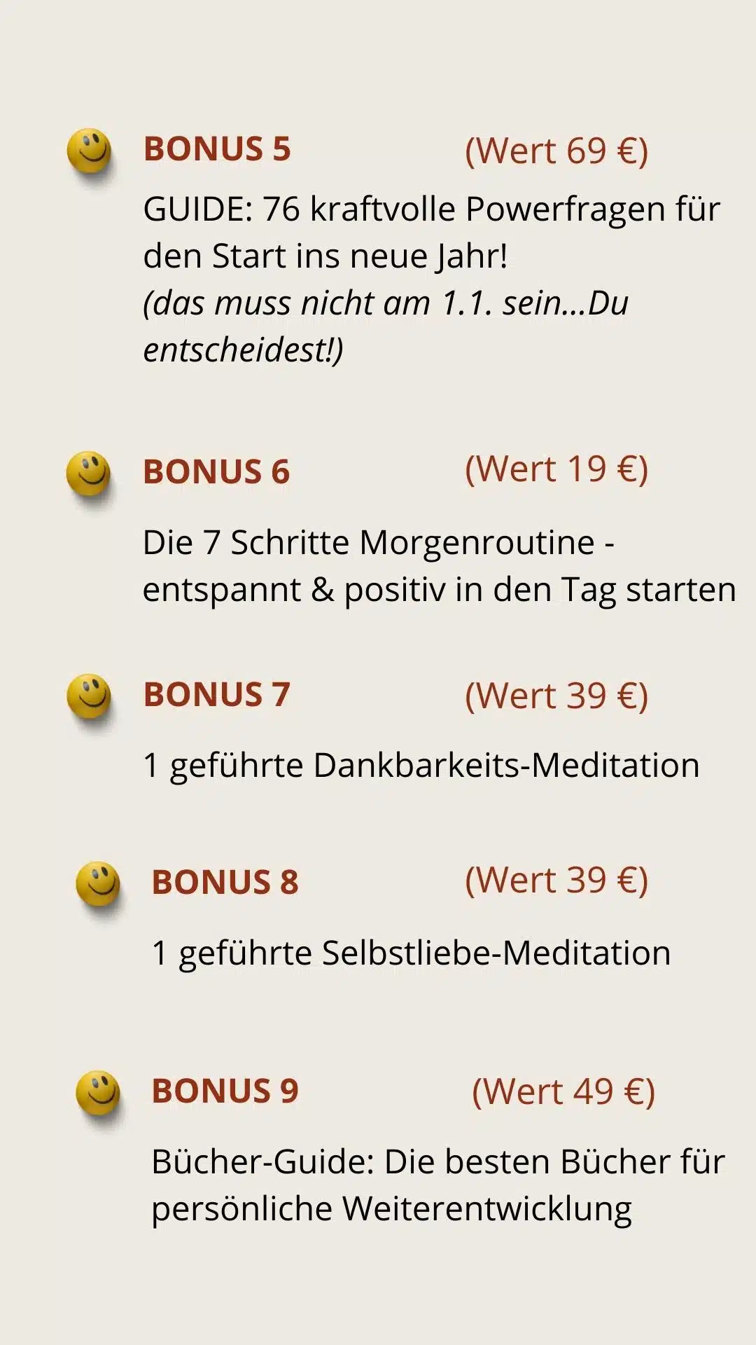 Bonuspaket Fortsetzung mit Boni 5-9, Powerfragen Guide, Morgenroutine, Meditationen und Bücherguide