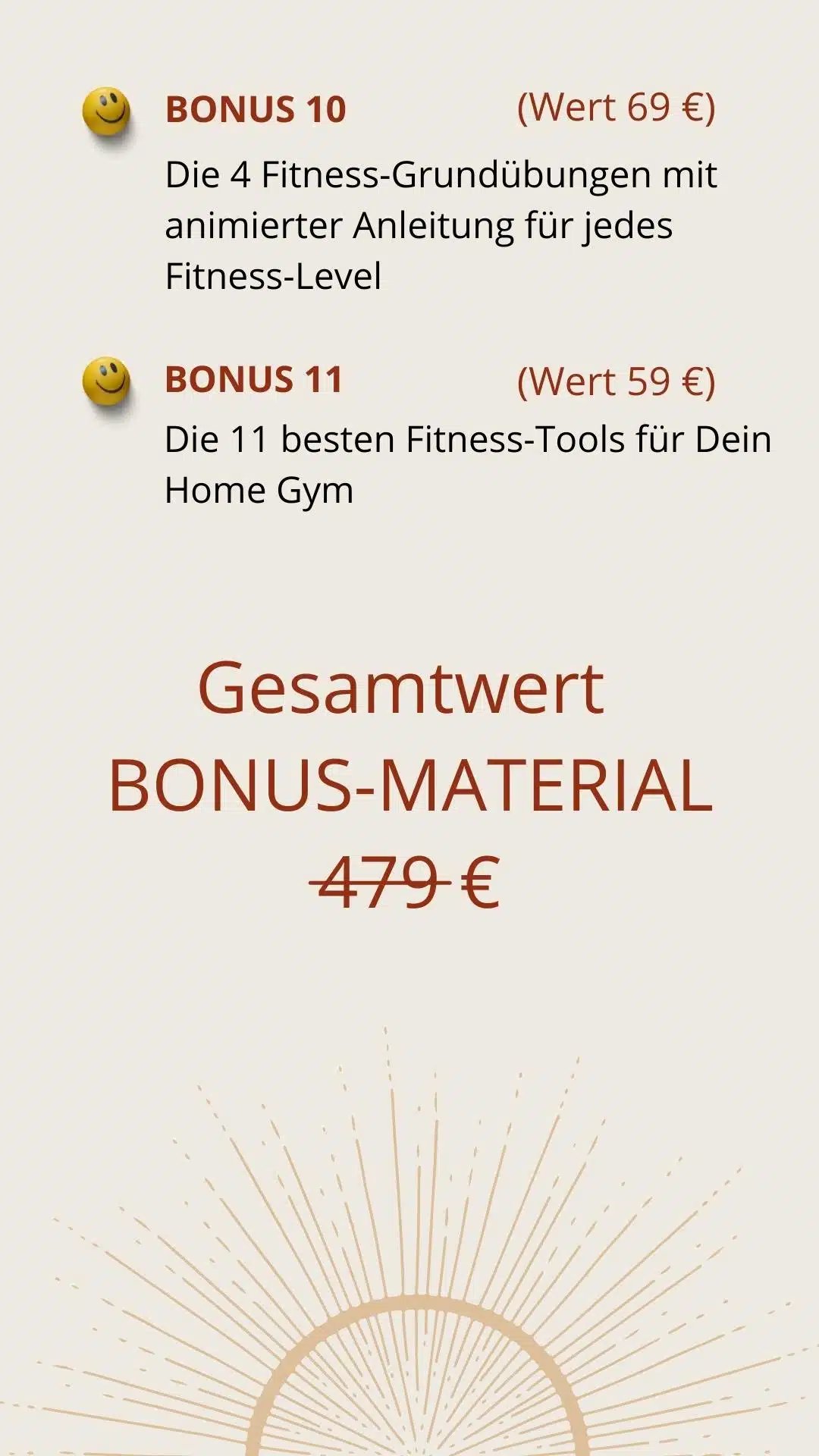Abschluss Bonuspaket mit Boni 10-11, Fitness-Grundübungen und Fitness-Tools, Gesamtwert 479 Euro