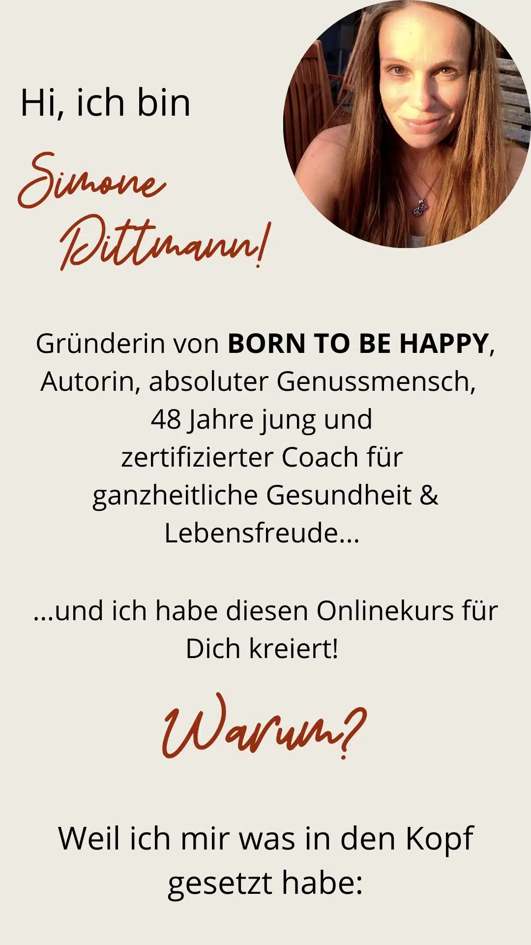 Coach Simone Dittmann introduction with circular profile photo, credentials, and course information