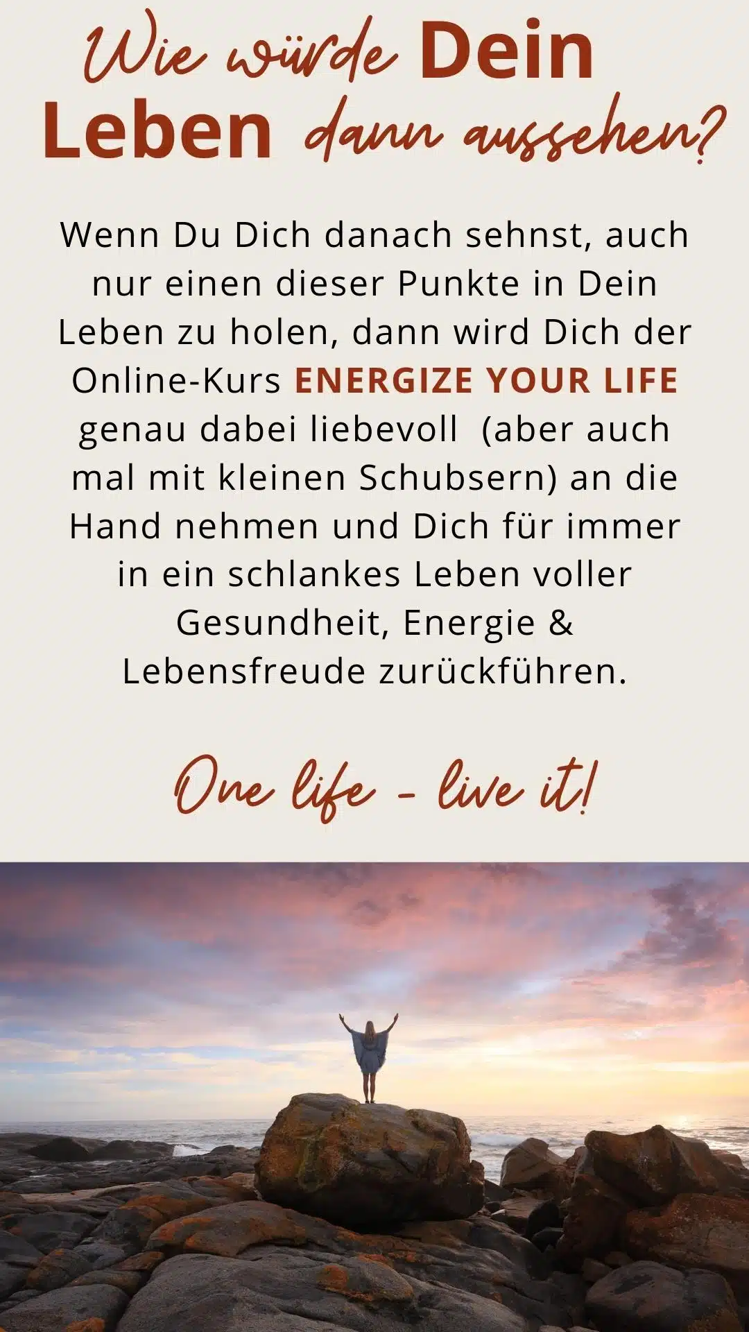 Abschlussgrafik mit Frau auf Felsen am Strand und Text zum Kurs Energize Your Life