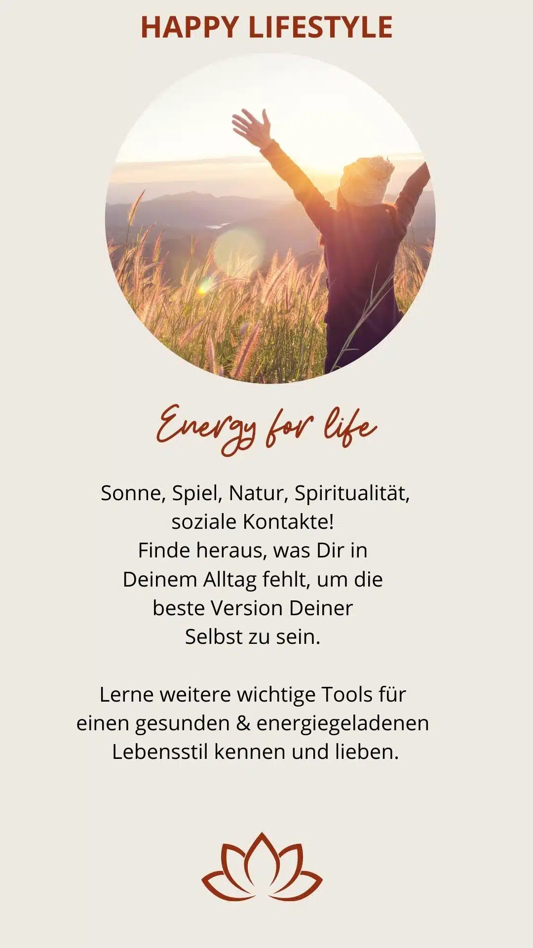 Galerie-Slide mit Frau auf Wiese bei Sonnenaufgang, Arme hoch, Titel Energy for Life