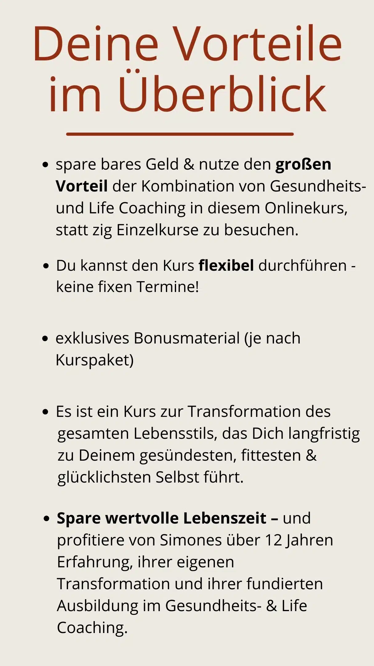 Kurs-Vorteile Übersicht mit Aufzählung von 5 Key Benefits, flexibles Lernen, Bonus-Material, Lebensumstellung, Erfahrung