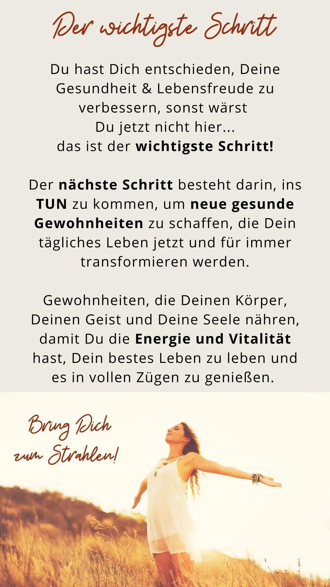 Motivationsgrafik mit Frau in Weiß im Feld und Text über wichtigste Schritte