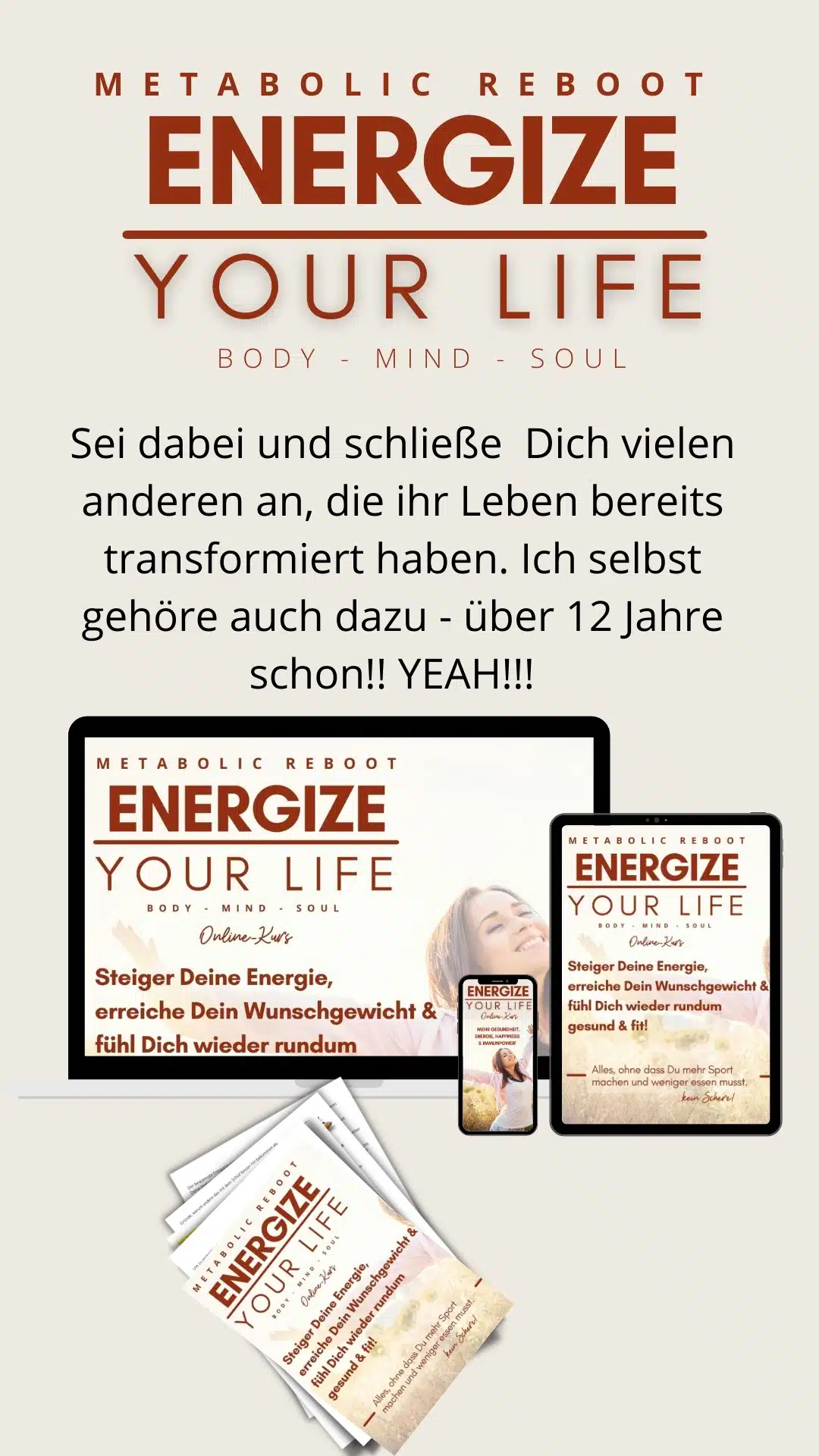 Galerie-Slide mit Kurs-Mockup, Metabolic Reboot Energize Your Life, Online-Kurs auf verschiedenen Geräten