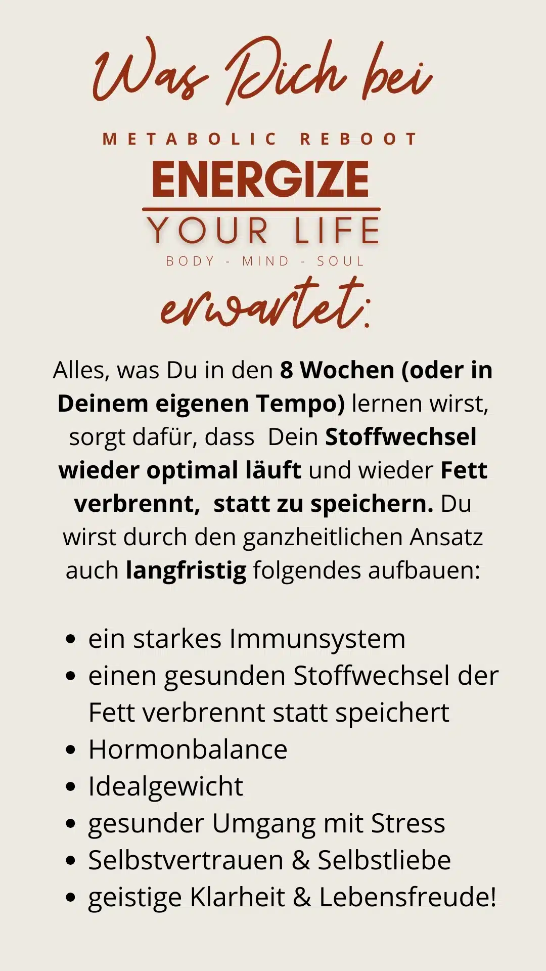 Course overview slide for Metabolic Reboot Energize Your Life with expected outcomes and benefits