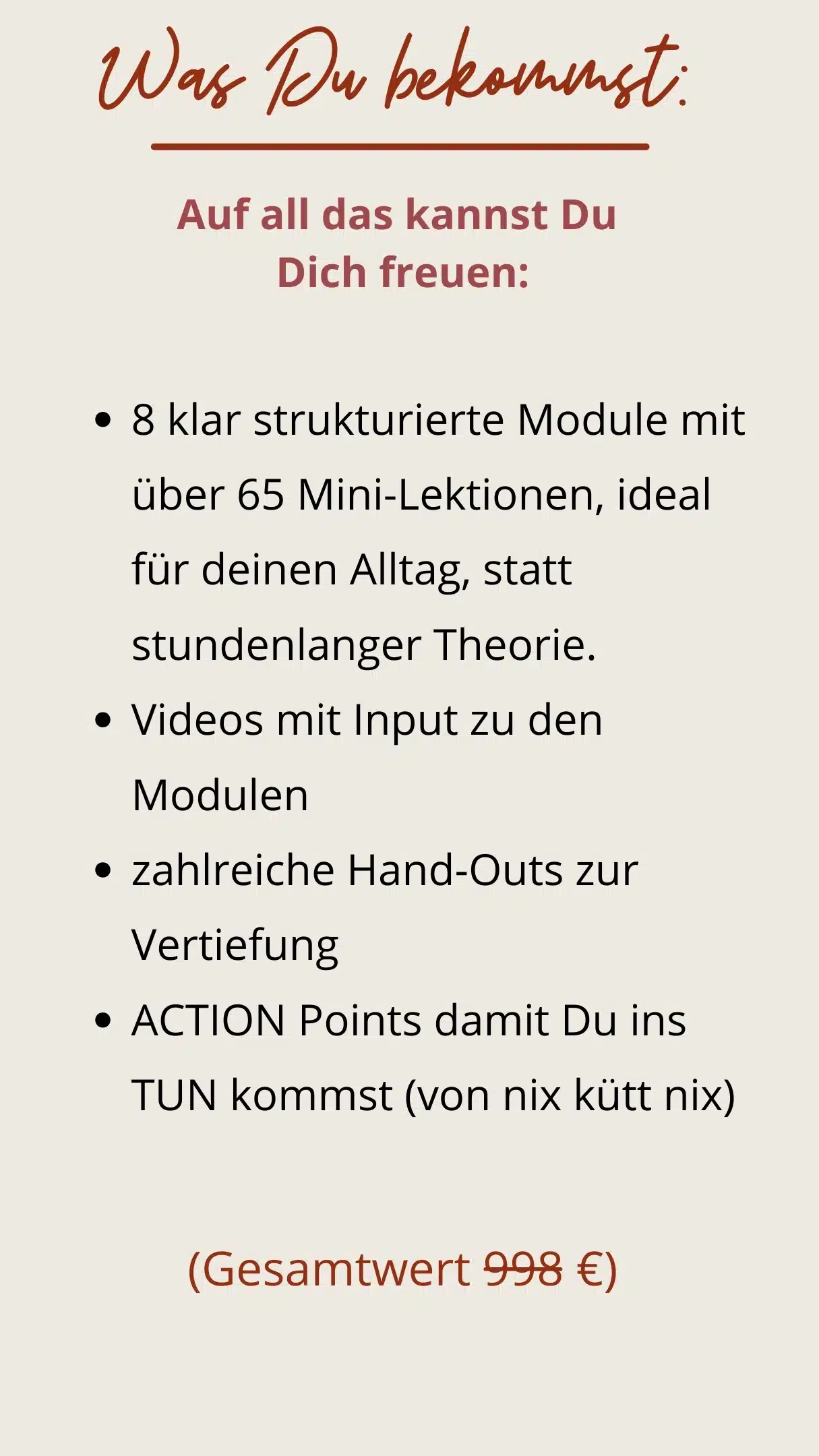 Galerie-Slide mit Kurs-Inhalten, 8 Module mit 65 Mini-Lektionen, Videos, Hand-Outs, Action Points