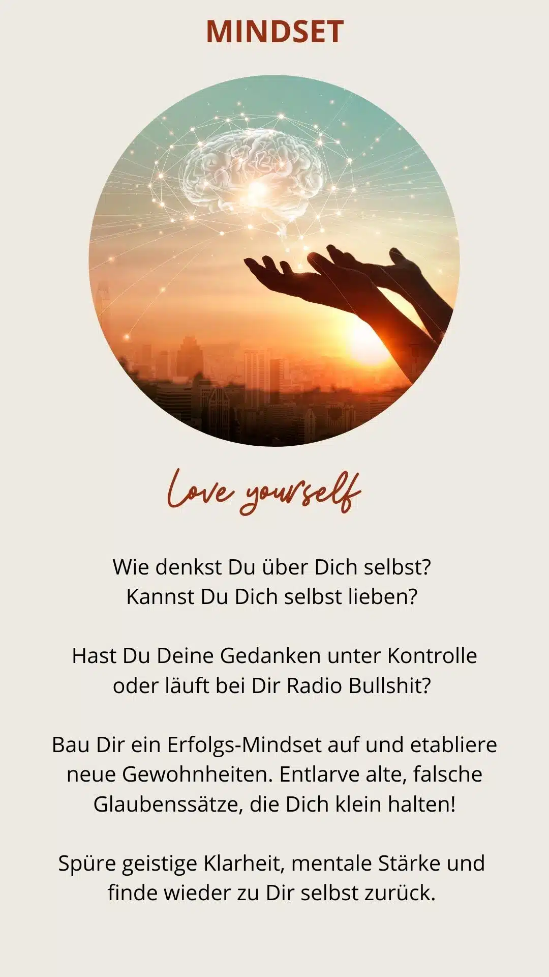 Galerie-Slide mit Händen halten Gehirn vor Sonnenuntergang, Titel Mindset Love Yourself