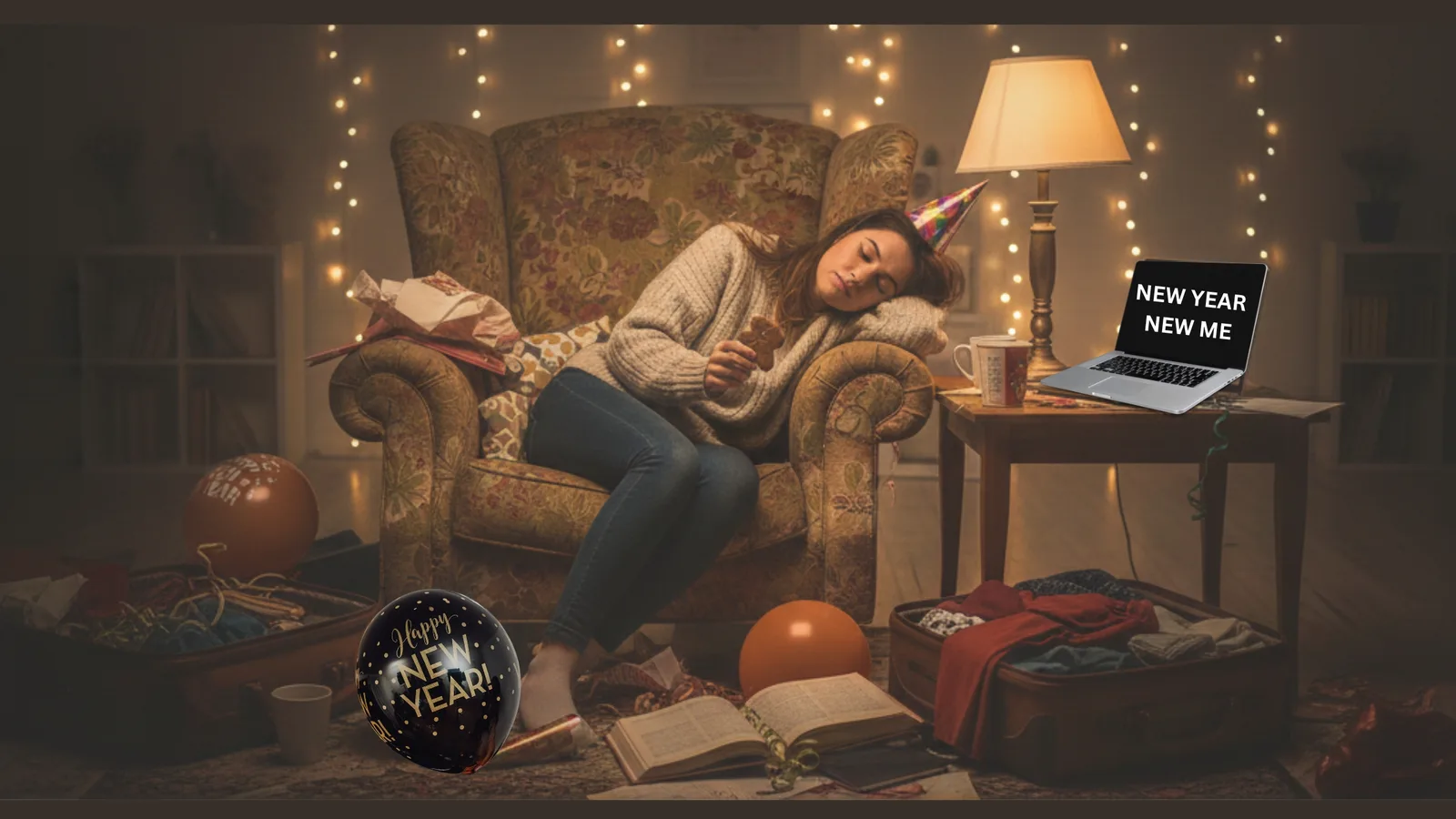 Erschöpfte Frau sitzt im Sessel mit Party-Hut, Laptop "NEW YEAR NEW ME", Dekoration rings herum