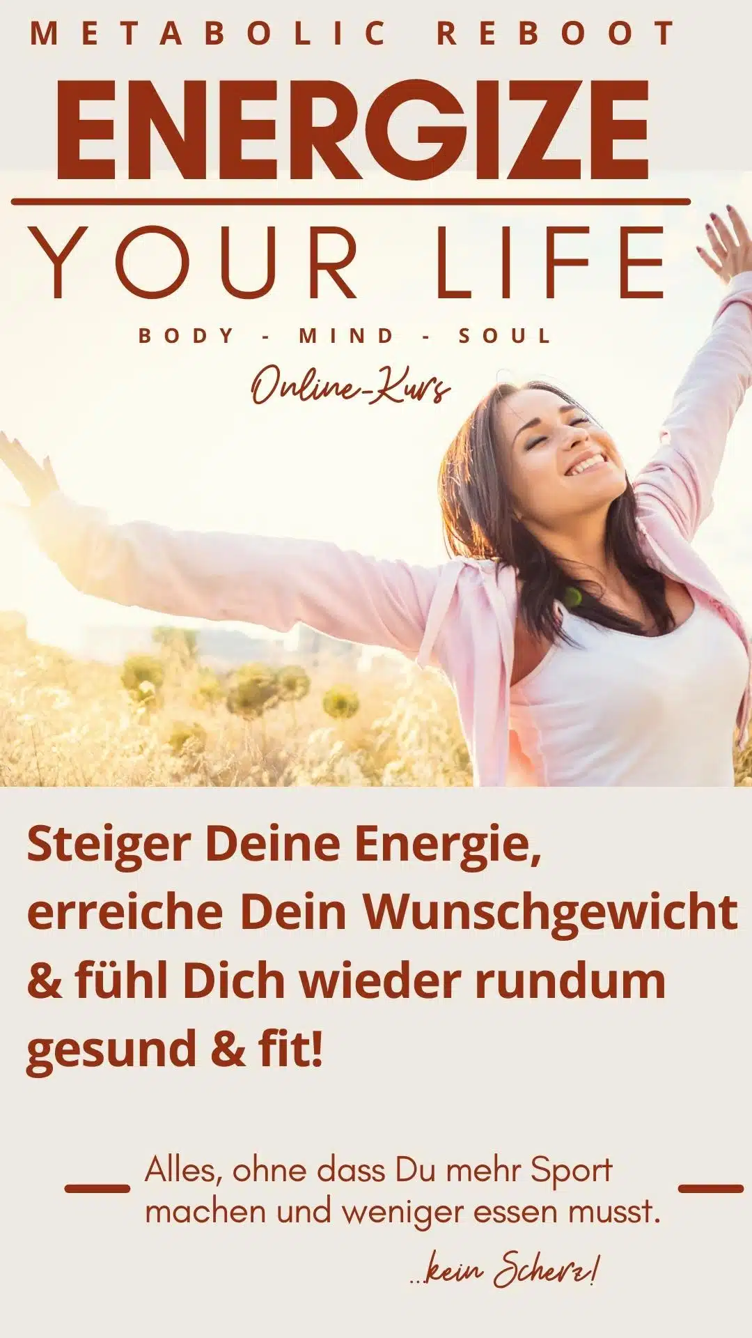 Poster Energize Your Life Metabolic Reboot mit lächelnder Frau auf Feld, Online-Kurs Ankündigung