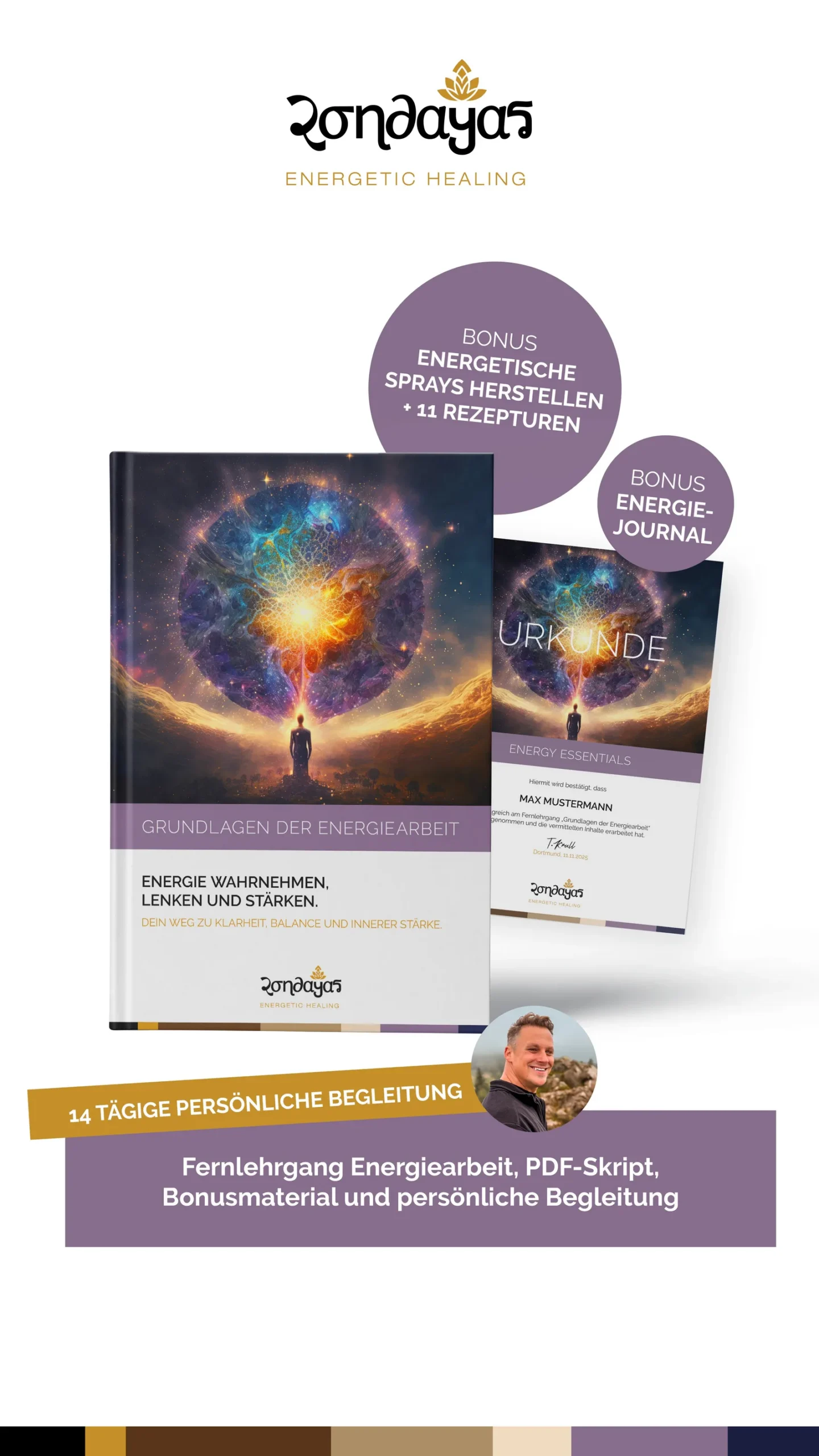 Produktmockup Energy Essentials Kurs mit Buch, Zertifikat, Bonusbonus und Autor Matthias Vogler