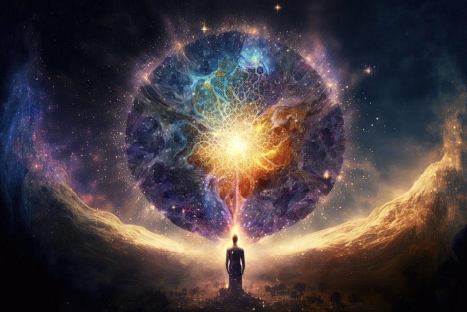 Abstrakte kosmische Illustration mit leuchtendem Gehirn und meditierender Figur, Energy Essentials Themengrafik