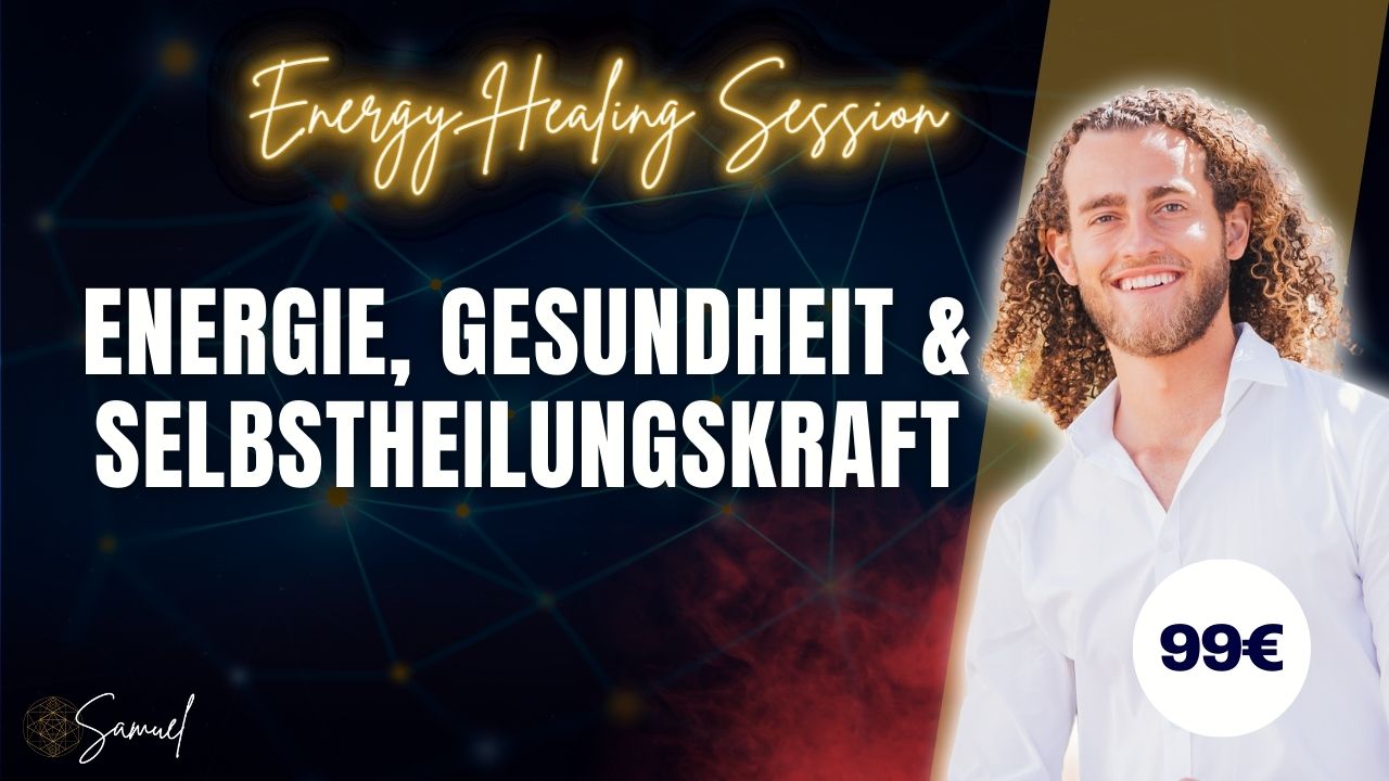 Energy Healing Session Marketing-Banner mit Moderator Samuel, Neon-Schrift und Preisangabe 99€