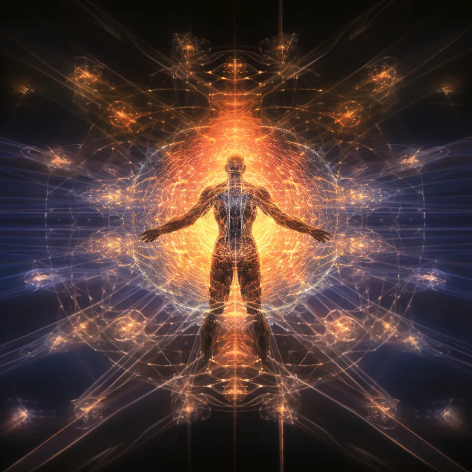 Abstrakte Illustration eines leuchtenden menschlichen Körpers mit energetischer Aura und Chakren-System