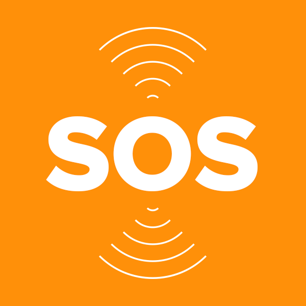 SOS-Notfall-Symbol auf orangem Grund mit Wifi-Wellen-Icon oben und unten