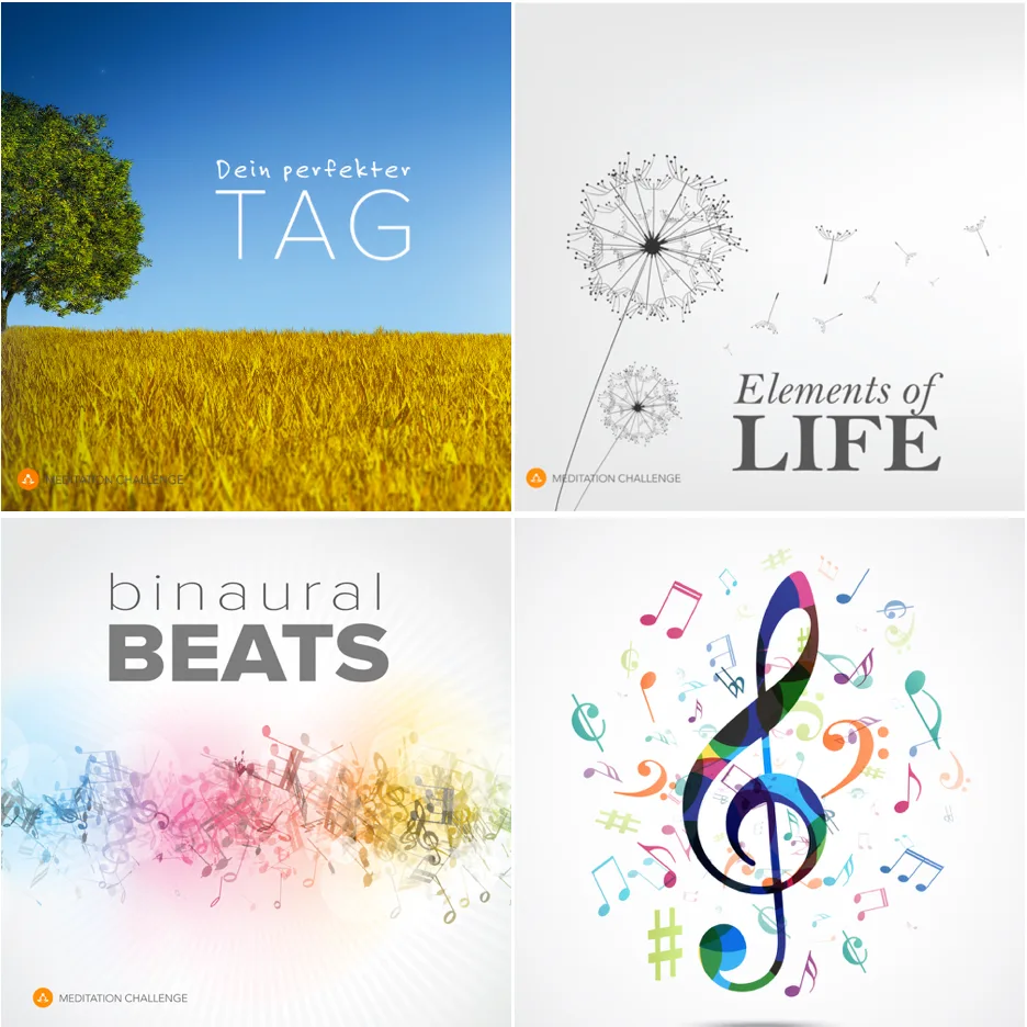 Vier-Felder-Mockup mit Tageslicht-Foto, Elements of Life Löwenzahn, Binaural Beats und buntem Notenschlüssel