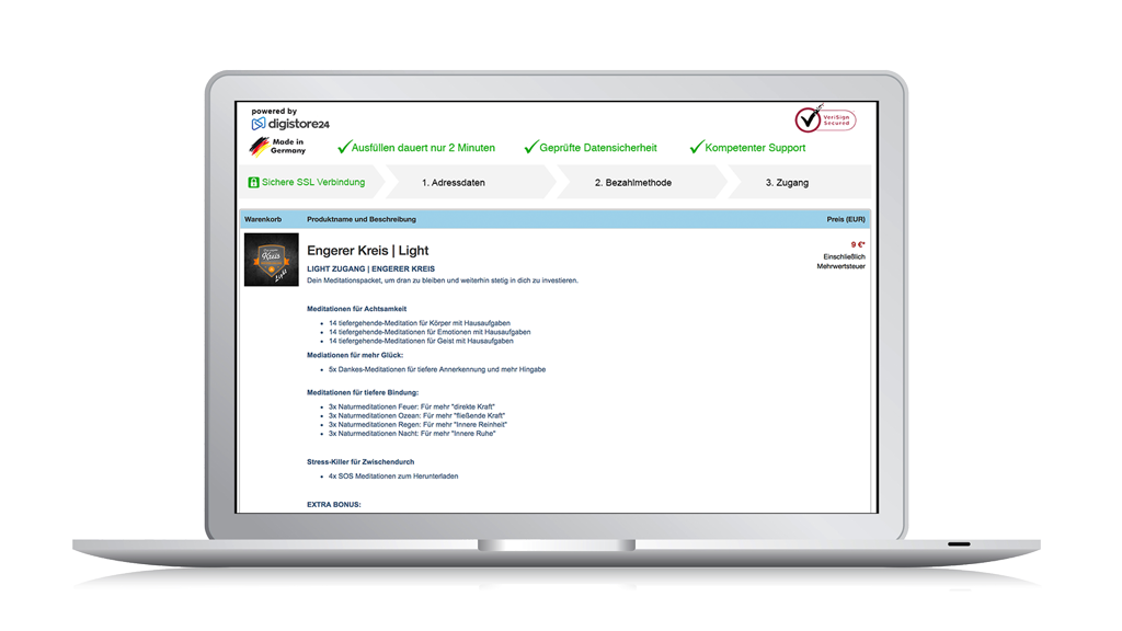 Laptop-Mockup zeigt Engerer Kreis Light Landingpage mit Meditationen für Arbeitskräfte und Sicherheitssiegel